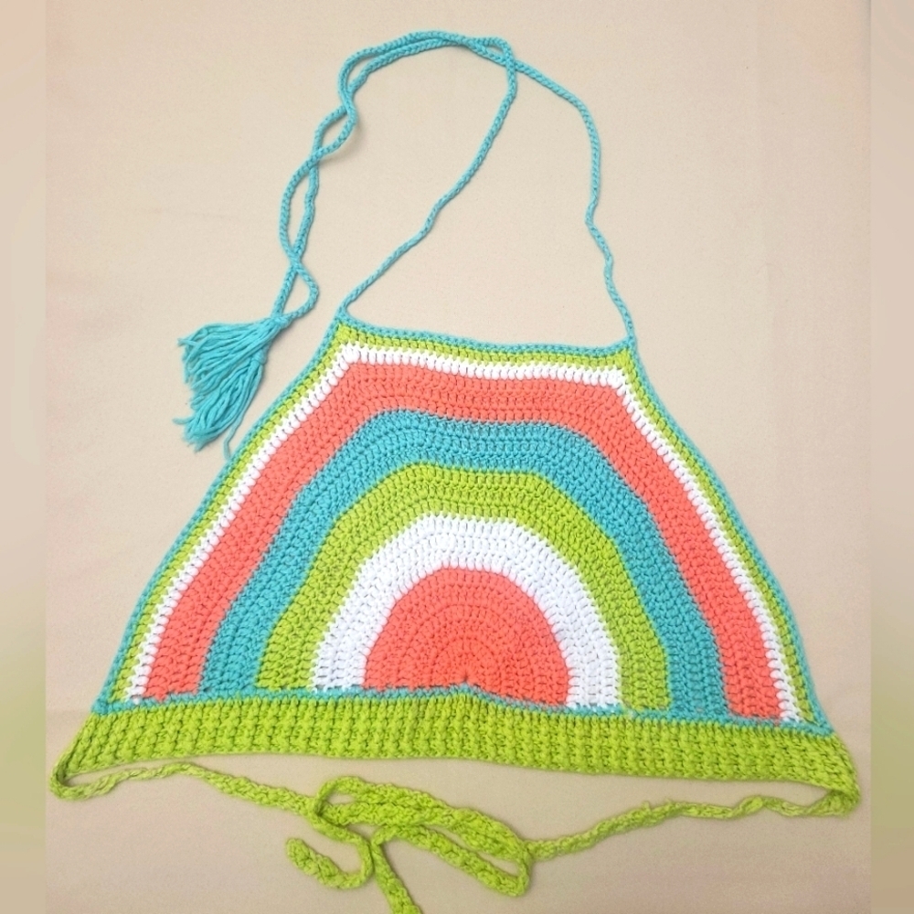 Vibrant Vintage Hand Crocheted Halter Top - Size Small